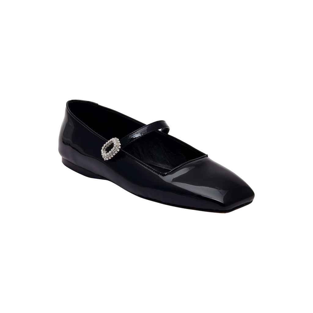 Elegant Catena Notte Black Glam Flat Ballerina in glossy patent leather with a sparkling buckle accent.