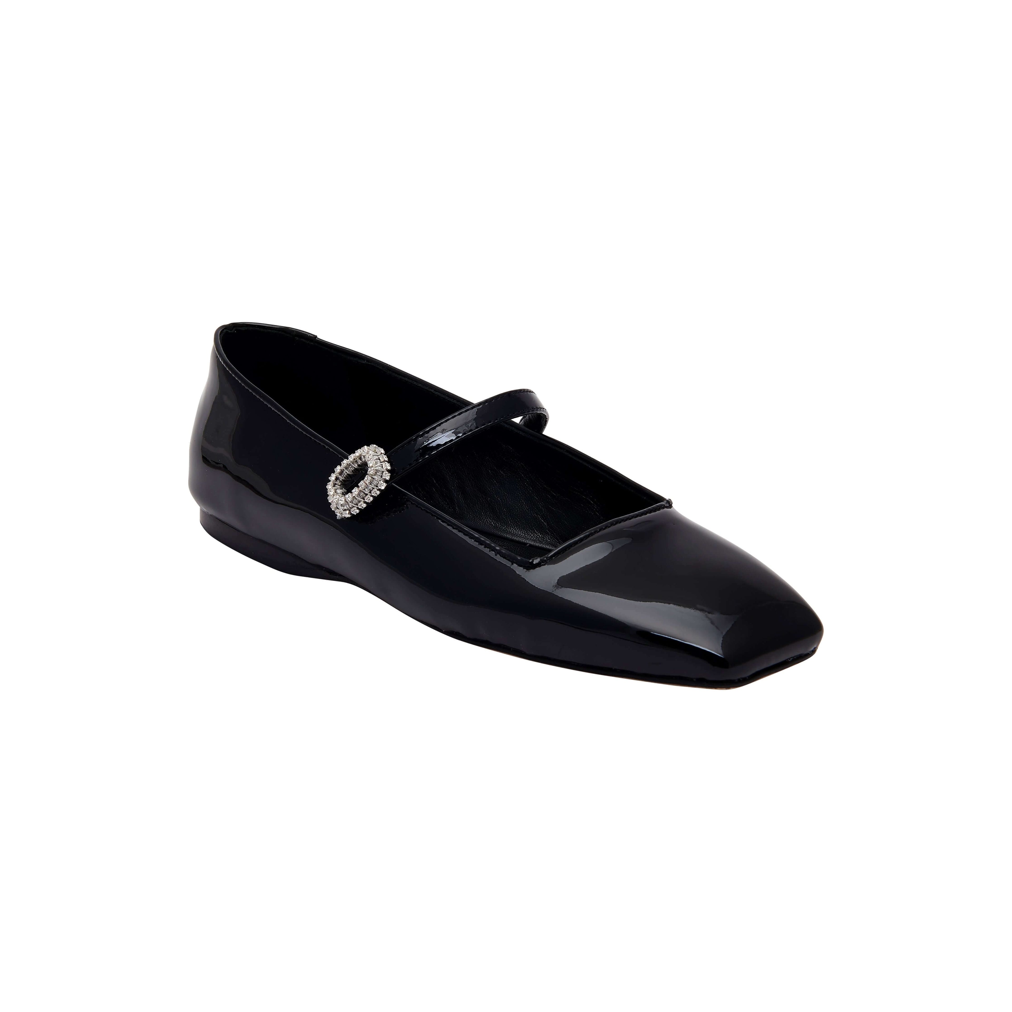 Elegant Catena Notte Black Glam Flat Ballerina in glossy patent leather with a sparkling buckle accent.