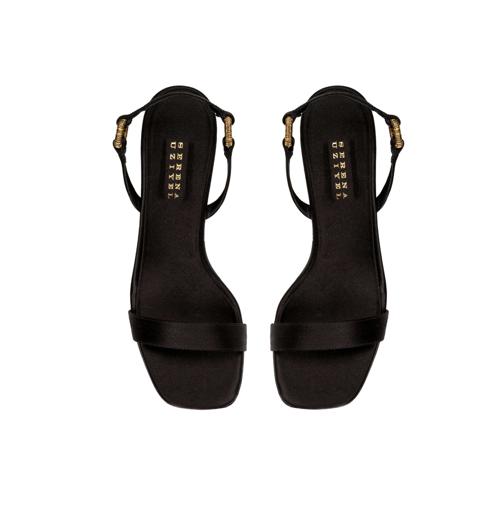 Catena Notte Black Platform Slingback Sandal in silk satin with antique gold metallic chain, 120mm heel, made in Italy.