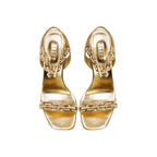 Elegant Catena Notte Gold high-heel sandals showcasing chain embroidery and cushioned insoles, crafted in Italy.