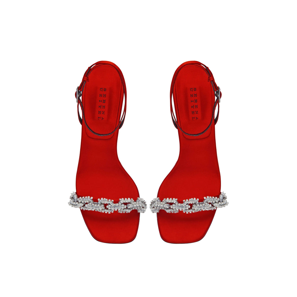Catena Notte Scarlet high-heel ankle cross sandals with jewel-like chain link embroidery.