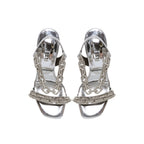 Catena Notte silver high-heel sandals featuring chain embroidery, crafted in Italy with a cushioned insole for comfort.