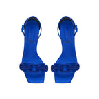 Top view of Catena Sapphire High-Heel Ankle Sandal in lustrous blue satin with sculptural chain link embellishments.