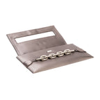 Catena Smoke Envelope Clutch in smoke satin with antique silver chain embroidery, perfect for evening elegance.