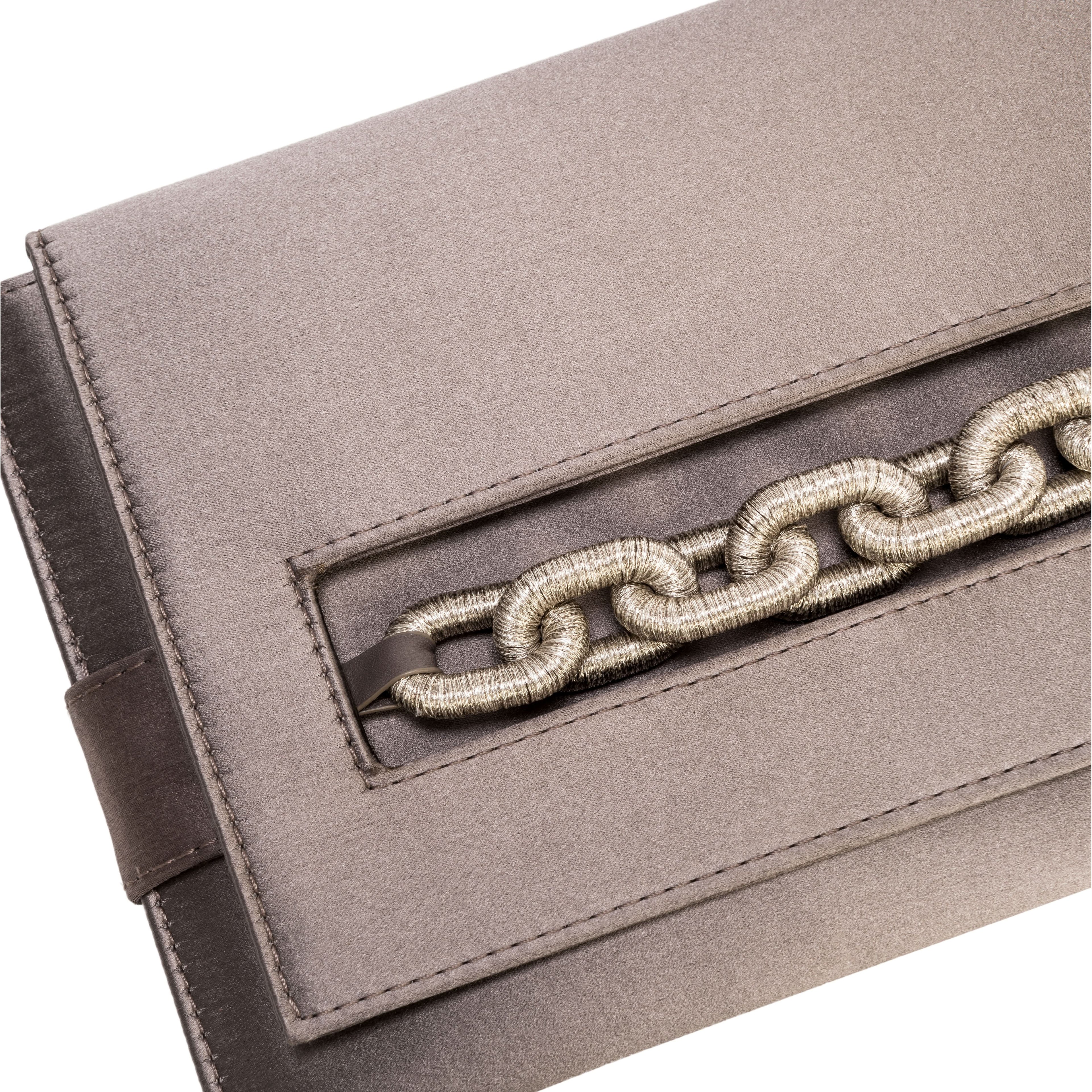 Catena Smoke Envelope Clutch in smoke silk satin with antique silver chain embroidery detail.