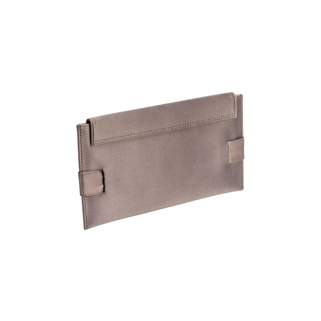 Catena Smoke Envelope Clutch in smoke silk satin with antique silver embroidery, perfect for elegant night outings.