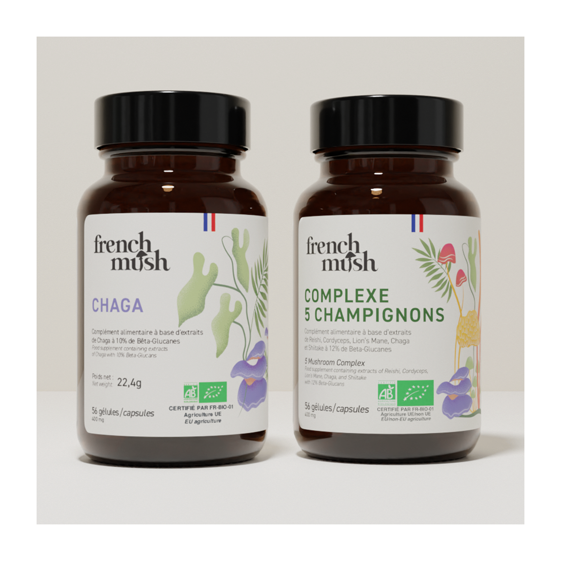 French Mush compléments alimentaires à base d'extraits de champignons médicinaux biologiques fabriqués en France Complexe Champignons 5 - Chaga Bio - gélules -