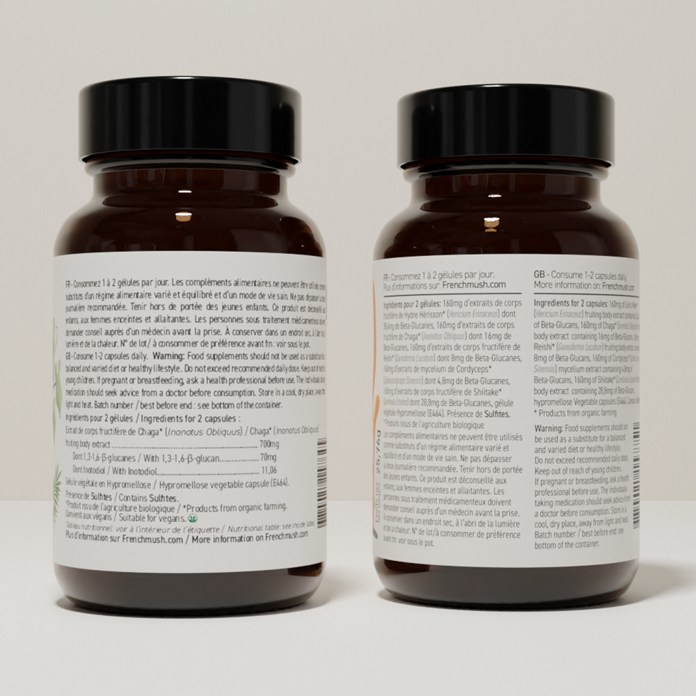 French Mush compléments alimentaires à base d'extraits de champignons médicinaux biologiques fabriqués en France Complexe Champignons 5 - Chaga Bio - gélules -