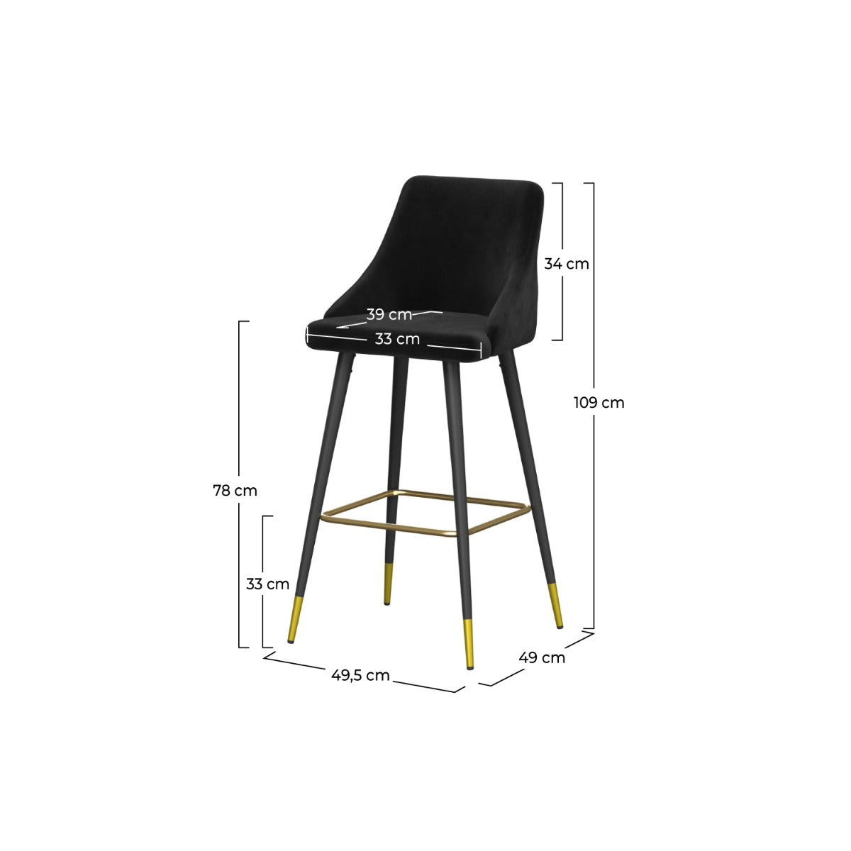 chaise de bar aristote en velours noir lot de 2