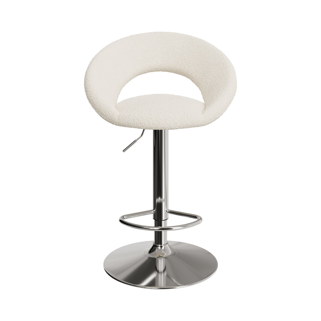 chaise de bar cloclo pieds metal chrome tissu boucle creme