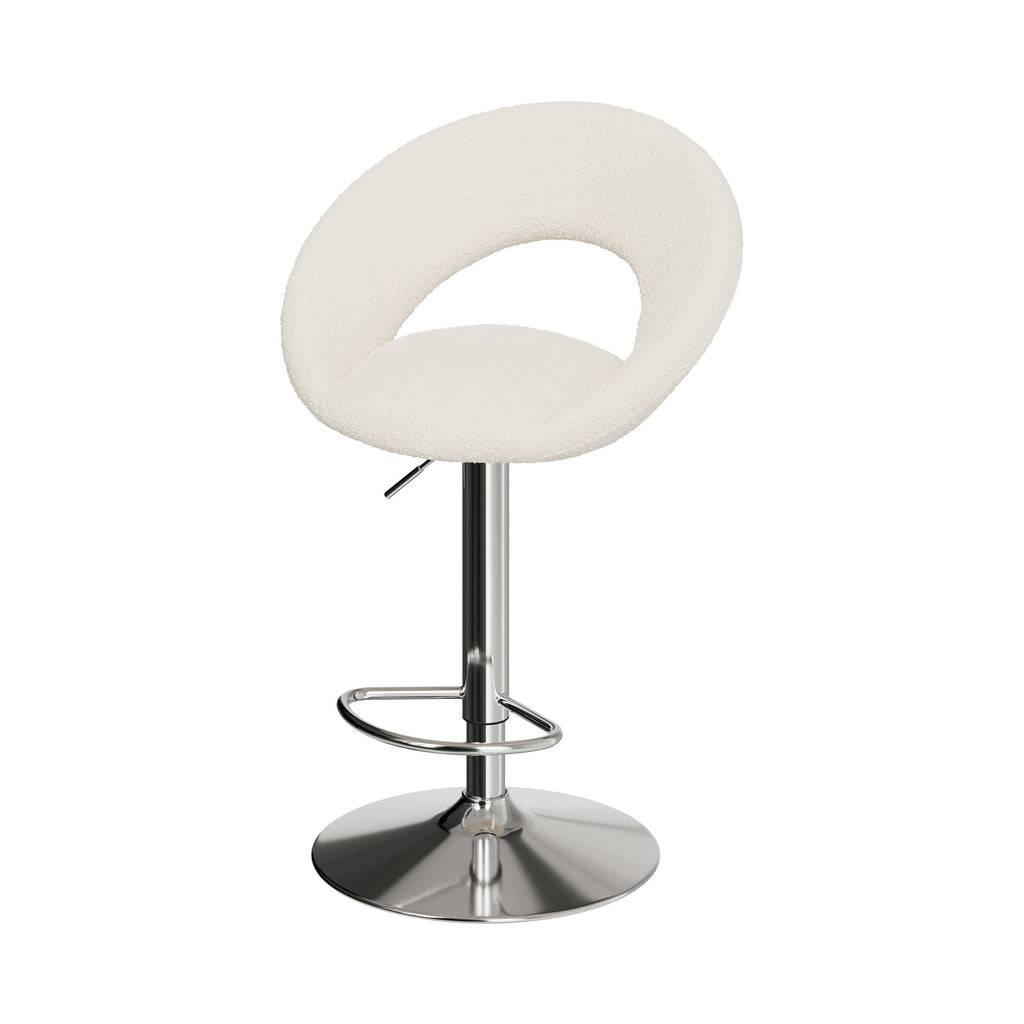 chaise de bar cloclo tissu boucle creme reglable pieds metal chrome