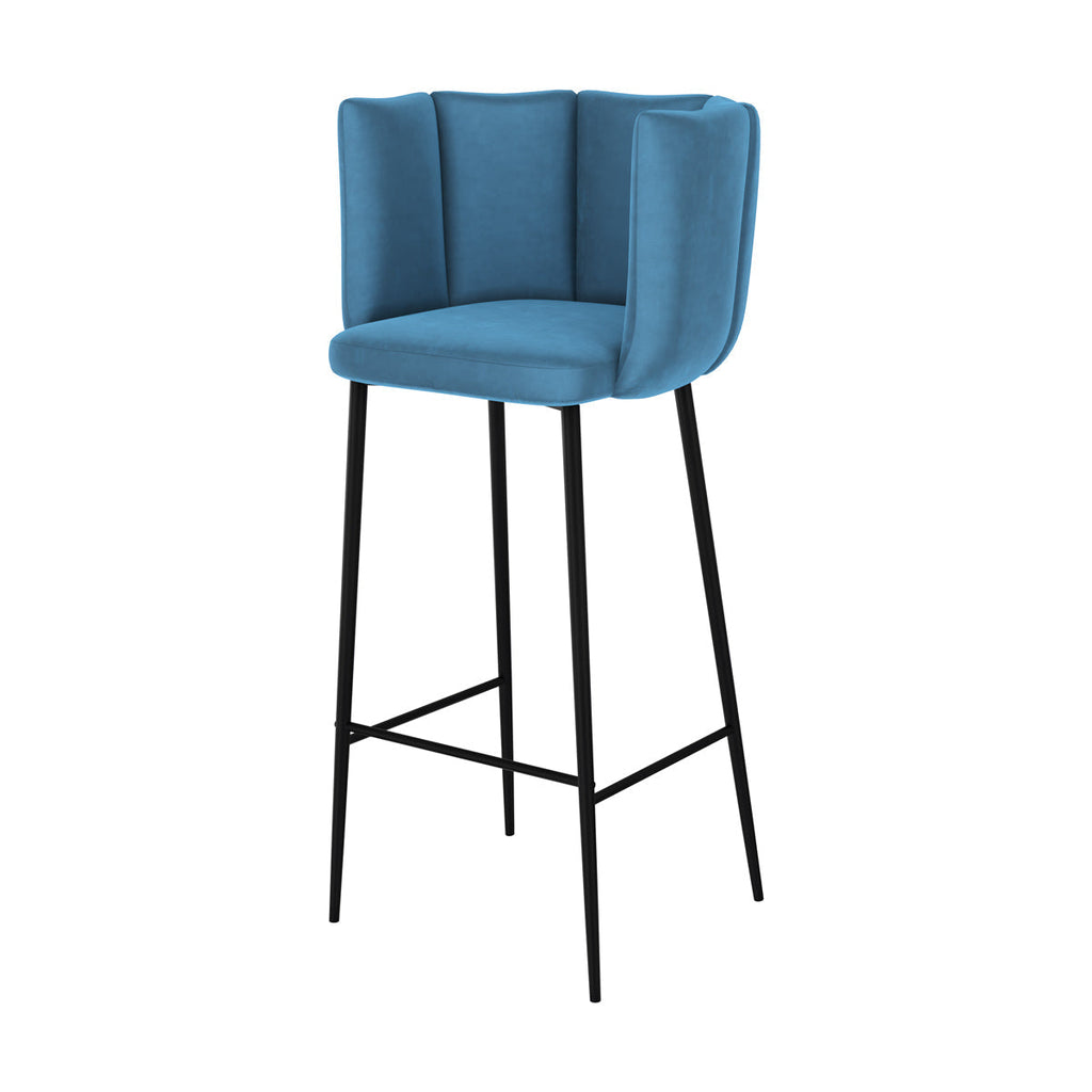 chaise de bar rosy en velours bleu et pieds en metal