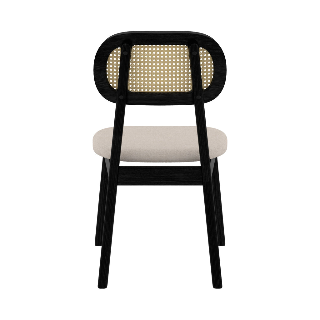 chaise en bois noir assise tissu beige dossier rotin maria