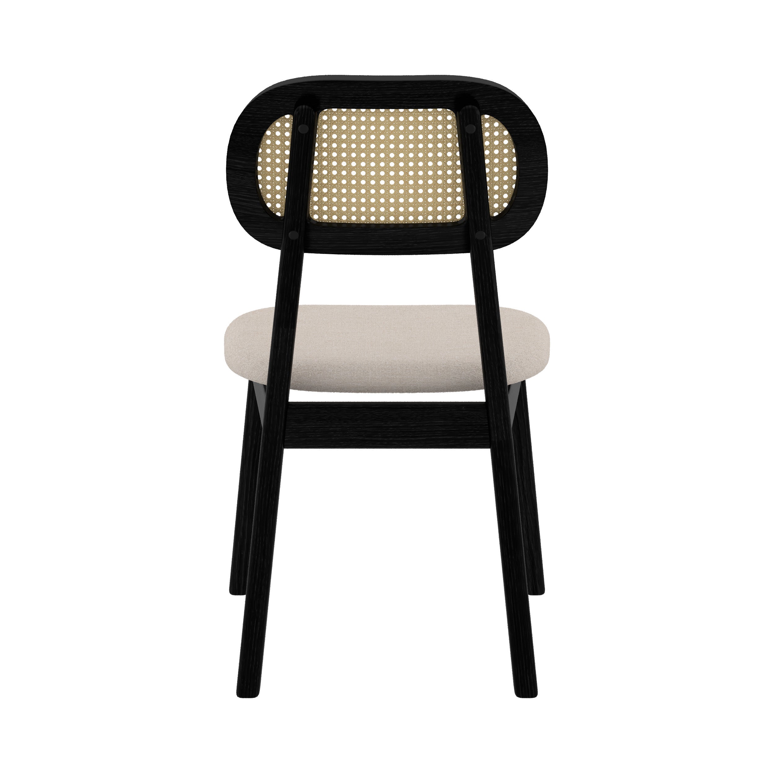 chaise en bois noir assise tissu beige dossier rotin maria