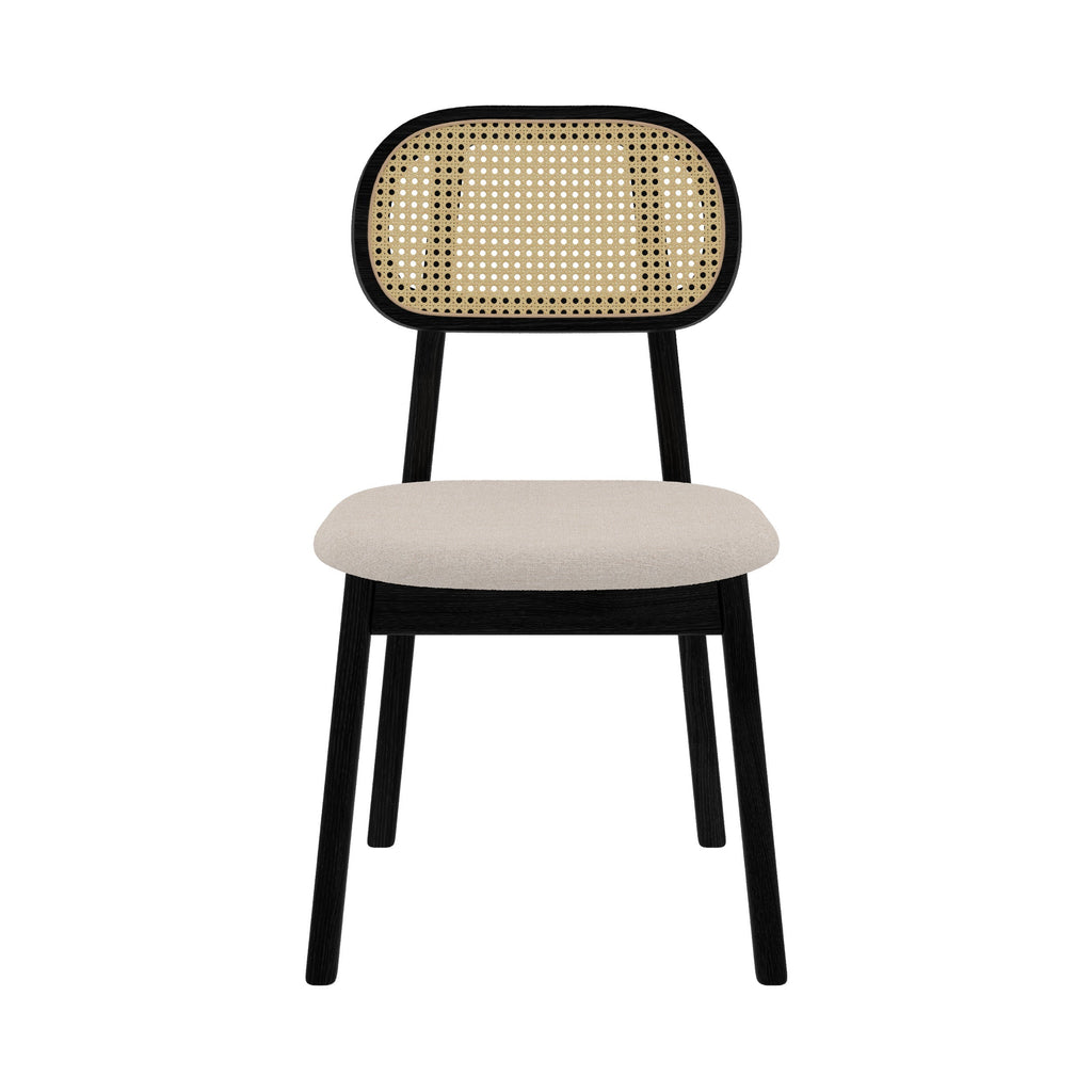 chaise maria en bois noir assise tissu beige dossier rotin