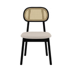 chaise maria en bois noir assise tissu beige dossier rotin