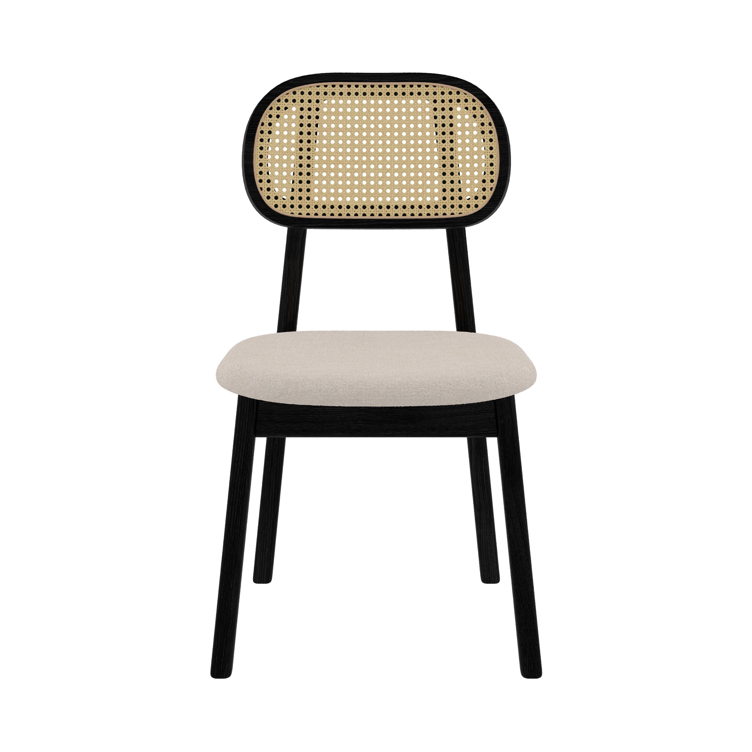 chaise maria en bois noir assise tissu beige dossier rotin