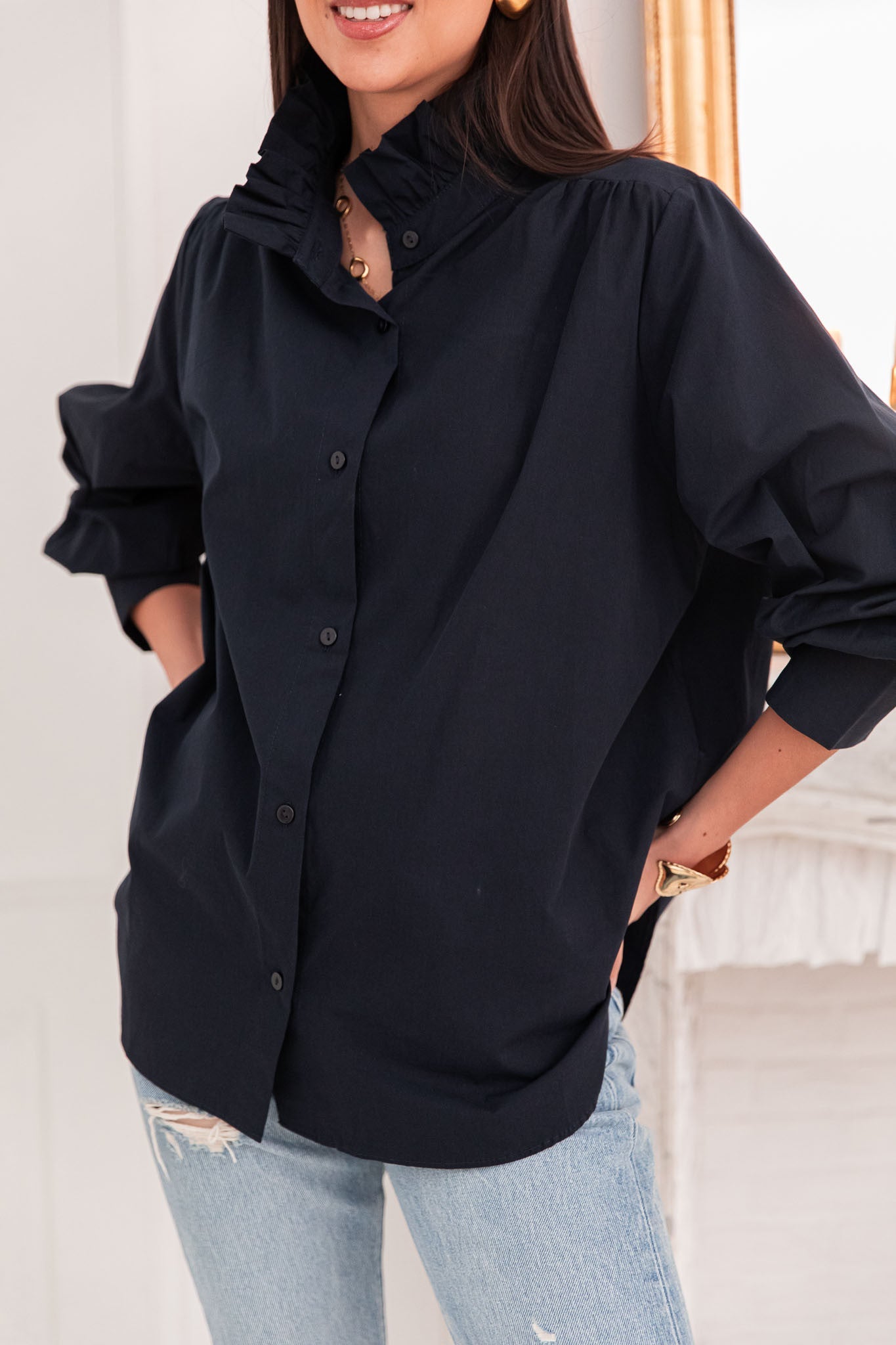 LÉONIE Bleu Marine - Chemise Col Victorien