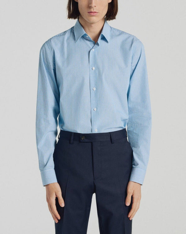 Chemise Bleue À Rayures En Coton - Bleu, Rayures Bâtons Turquoises - De Fursac - The Bradery