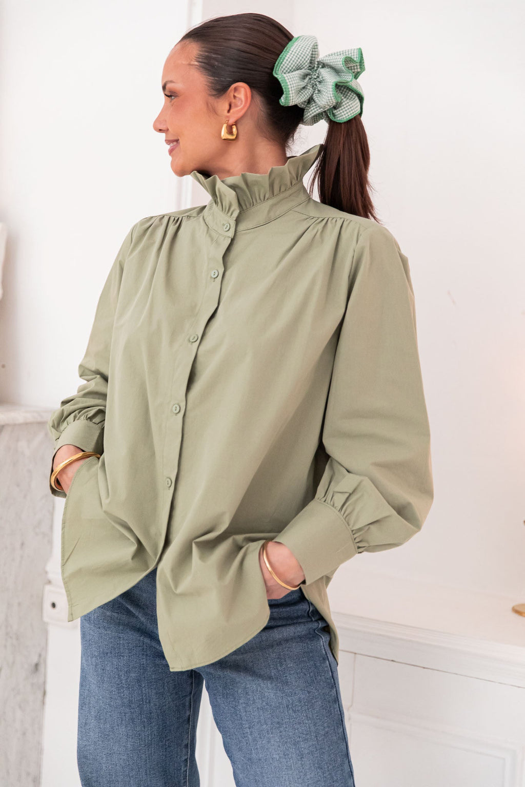 LÉONIE Kaki - Chemise Col Victorien