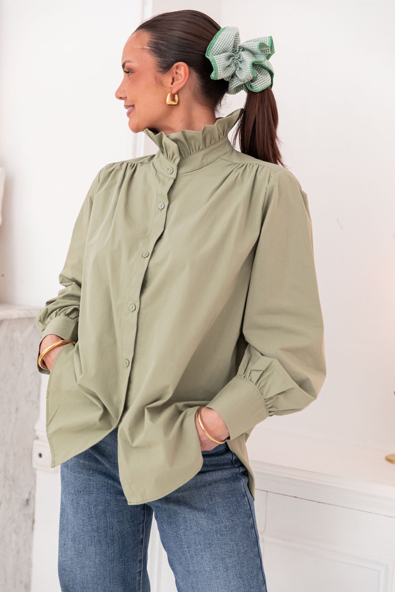 LÉONIE Kaki - Chemise Col Victorien