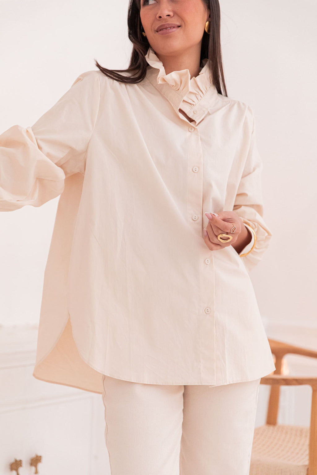 LÉONIE Beige - Chemise Col Victorien