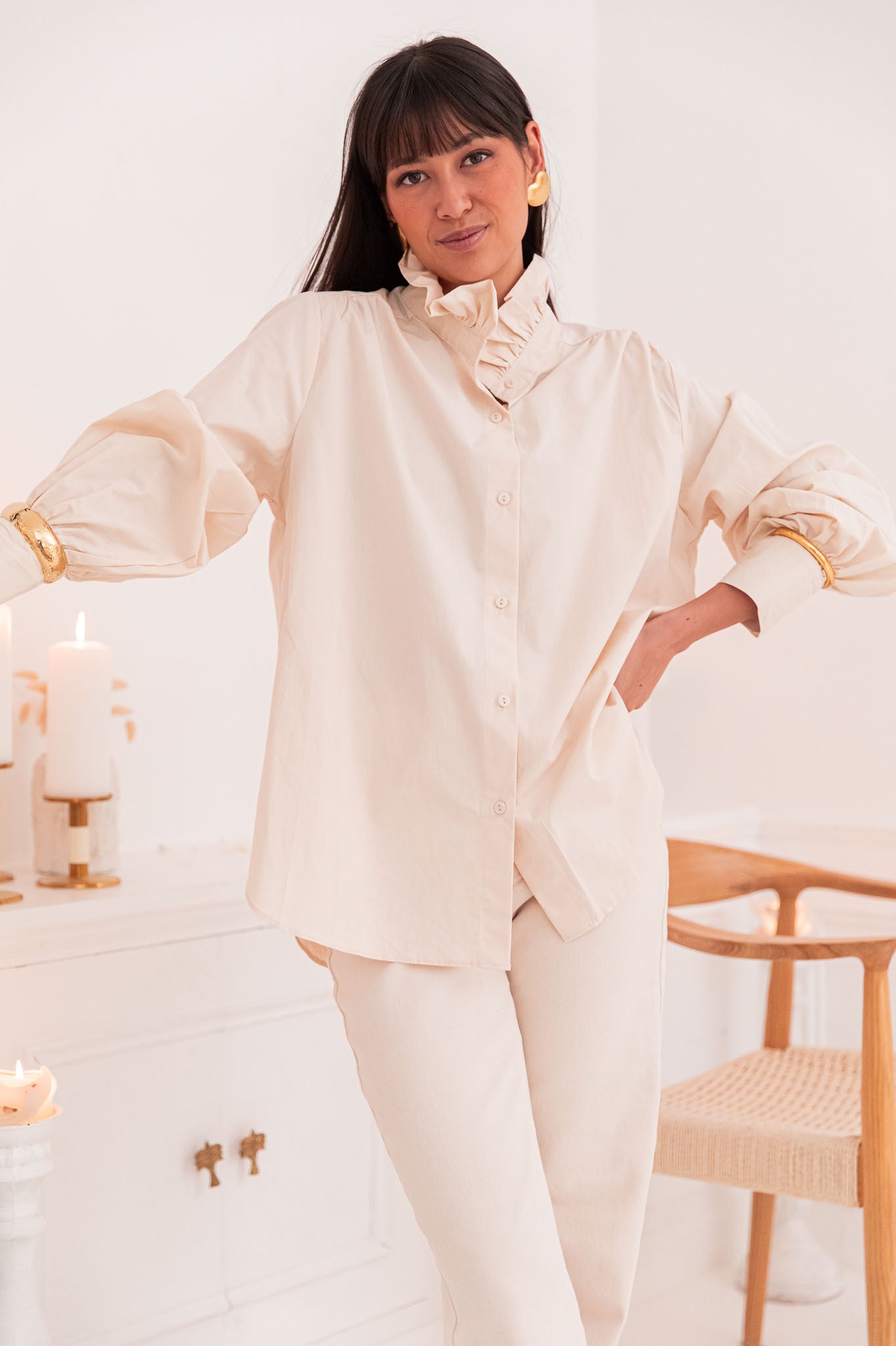 LÉONIE Beige - Chemise Col Victorien