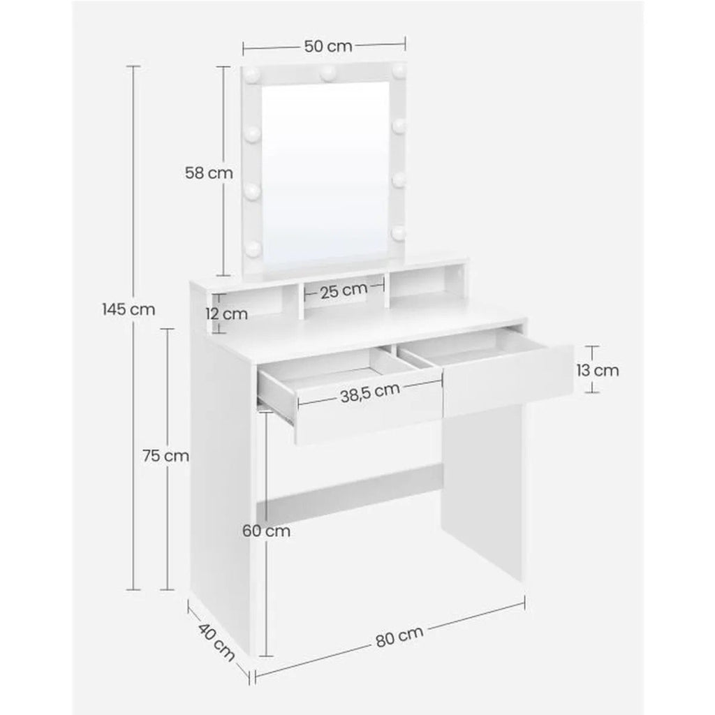 Coiffeuse Blanche Avec Miroir À Ampoules Et 2 Tiroirs - L80xH145cm - Blanc