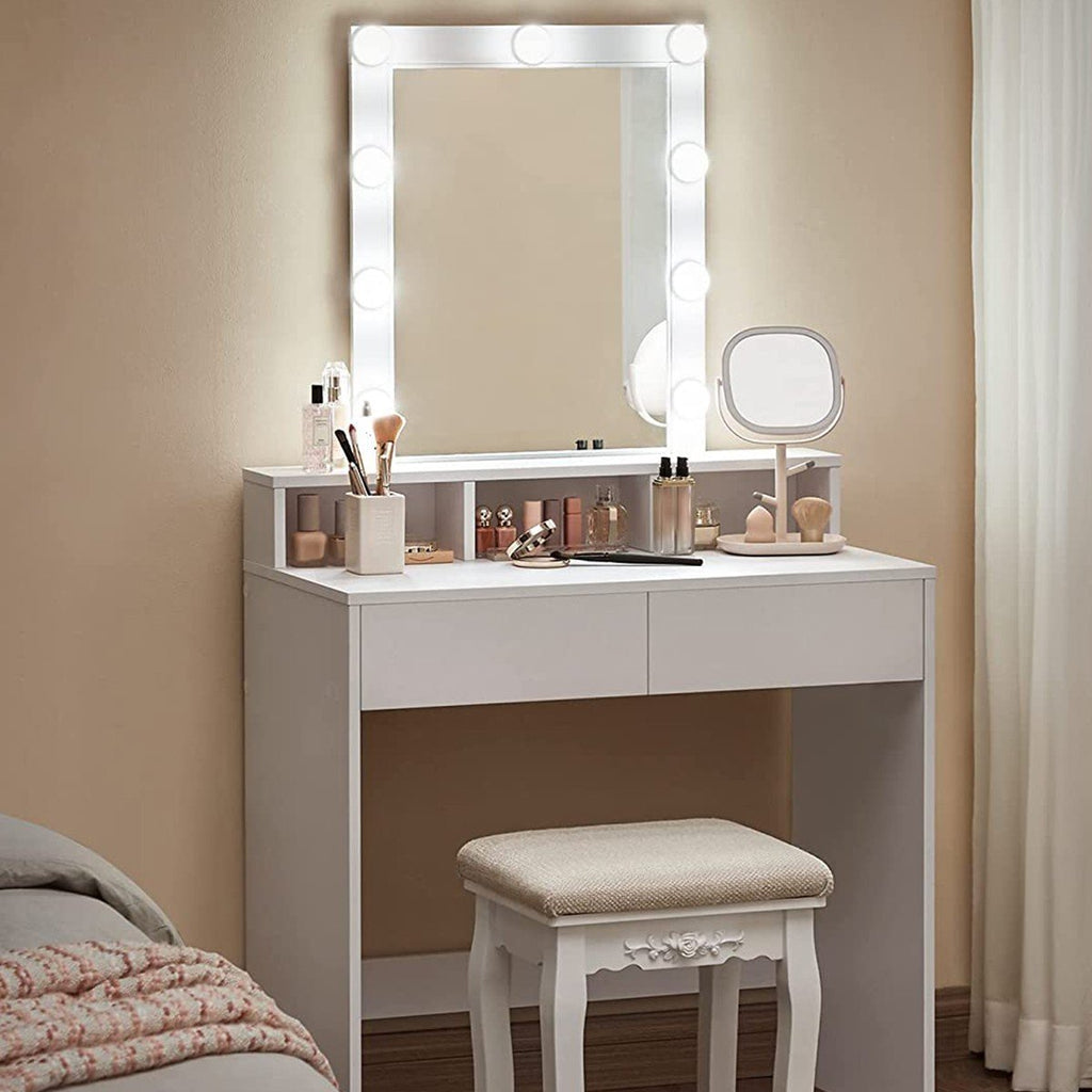 Coiffeuse Blanche Avec Miroir À Ampoules Et 2 Tiroirs - L80xH145cm - Blanc