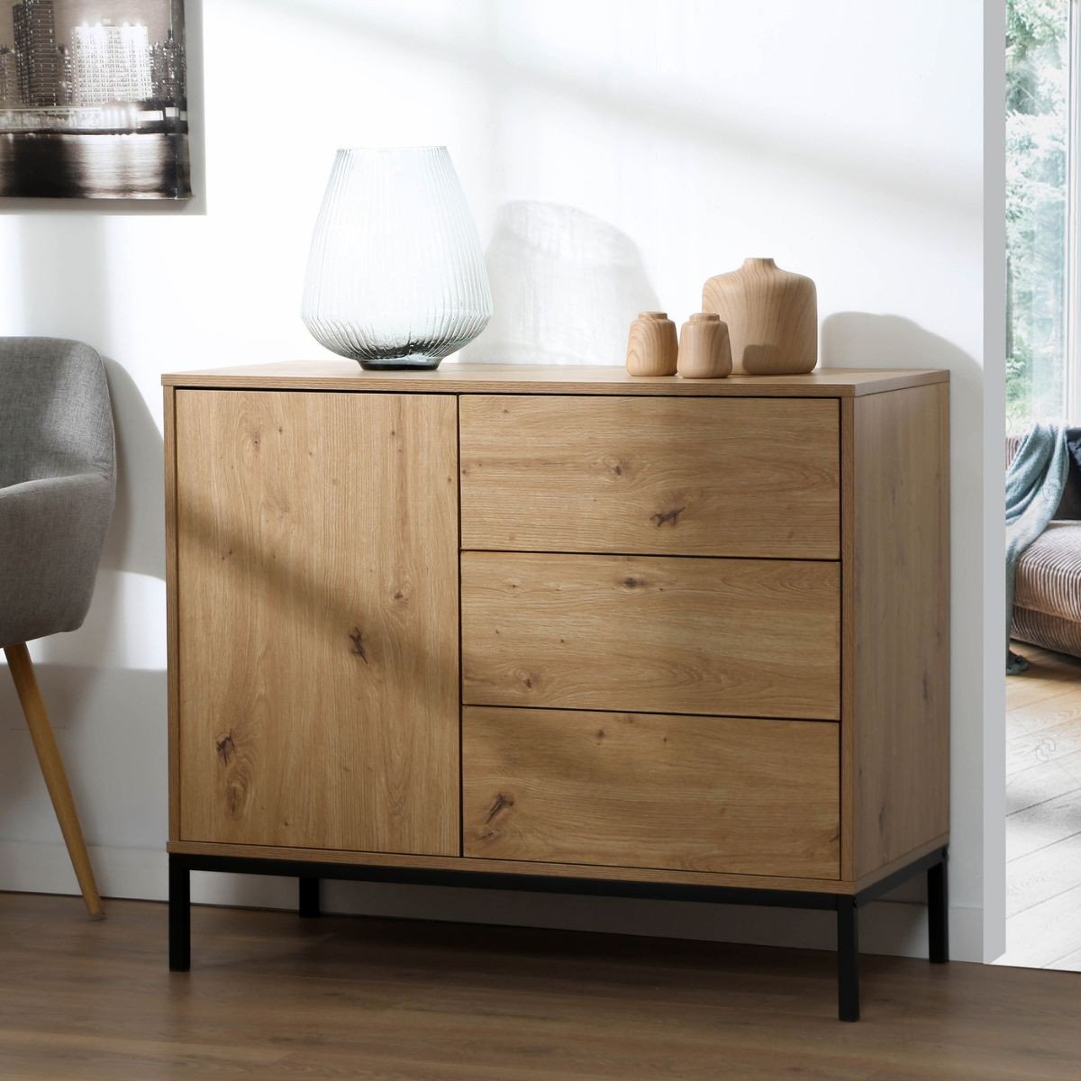 Lenny - Commode 3 Tiroirs / 1 Porte - Chêne