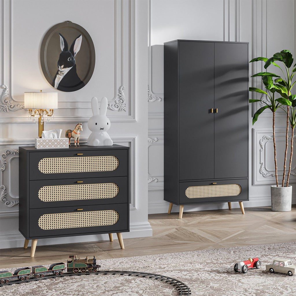 Commode 3 Tiroirs Façade Avec Cannage En Rotin L85cm - Canne - Noir