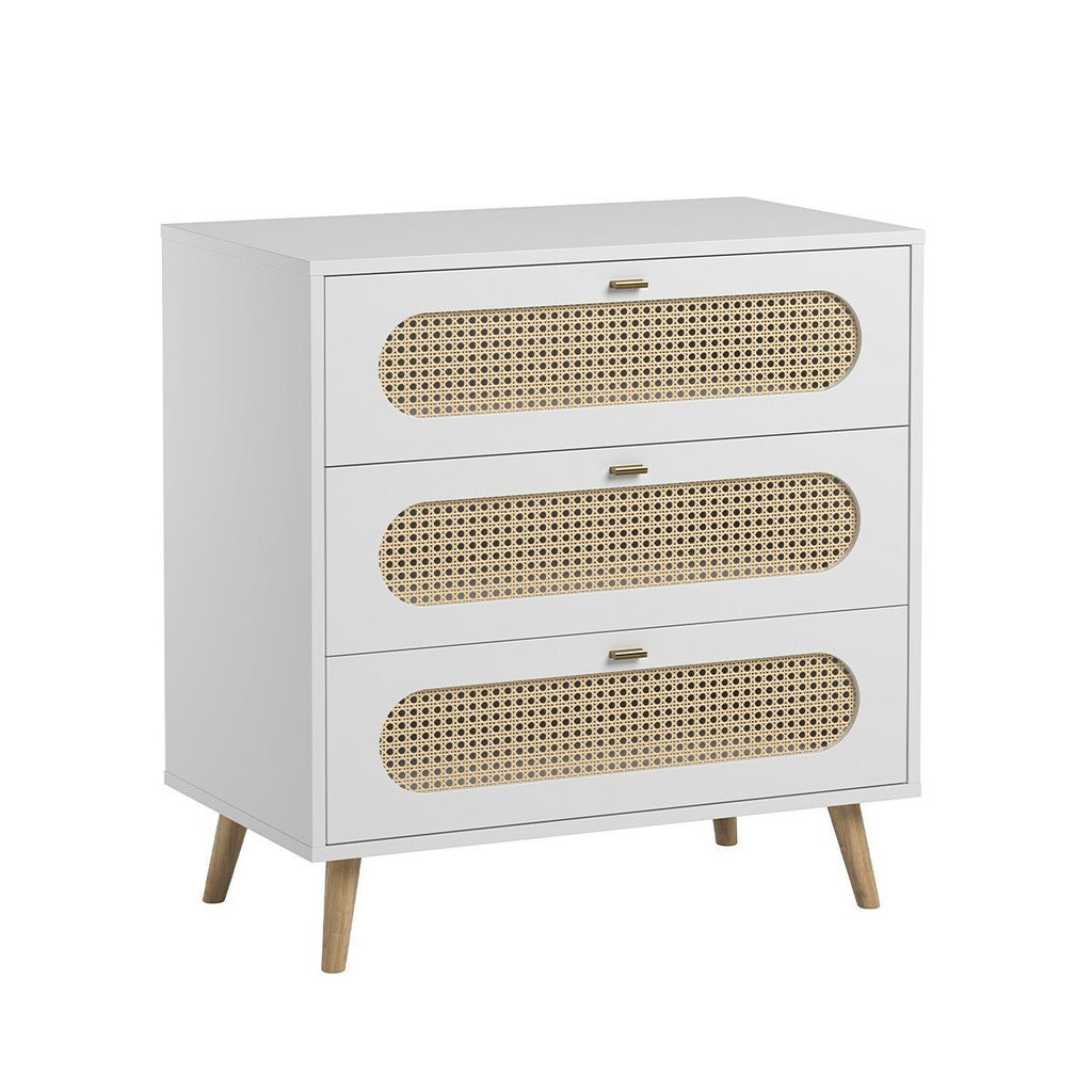 Commode 3 Tiroirs Façade Avec Cannage En Rotin L85cm - Canne - Blanc