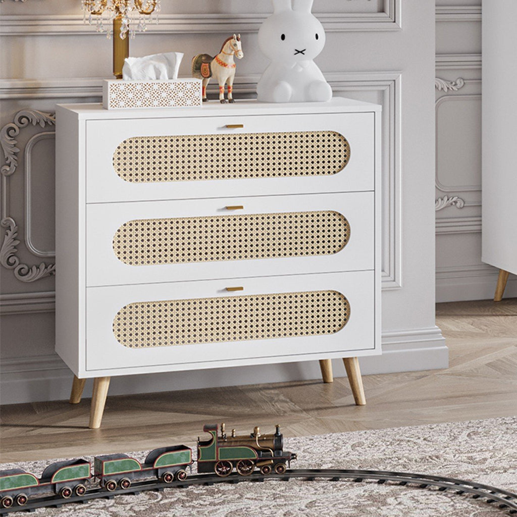 Commode 3 Tiroirs Façade Avec Cannage En Rotin L85cm - Canne - Blanc