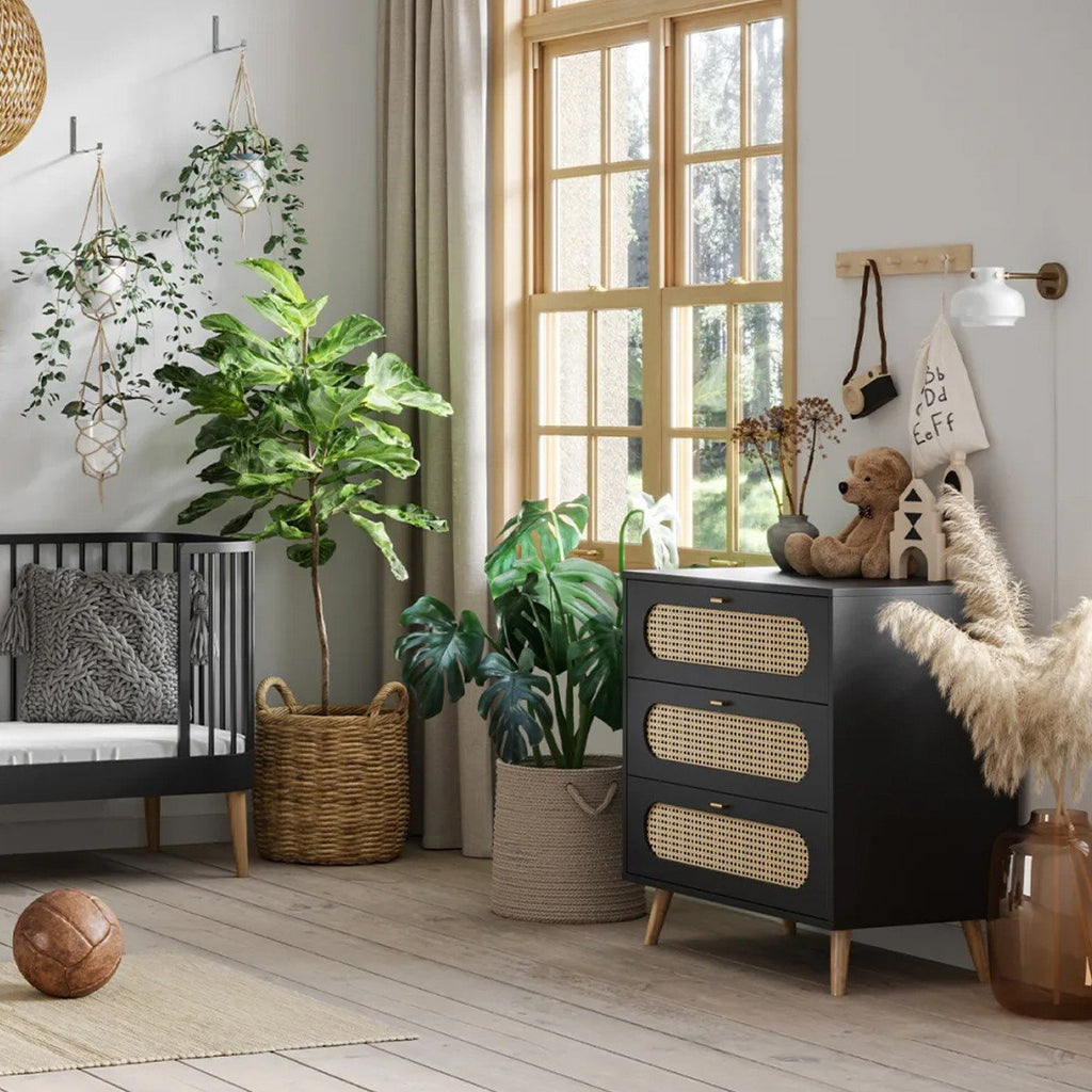 Commode 3 Tiroirs Façade Avec Cannage En Rotin L85cm - Canne - Noir