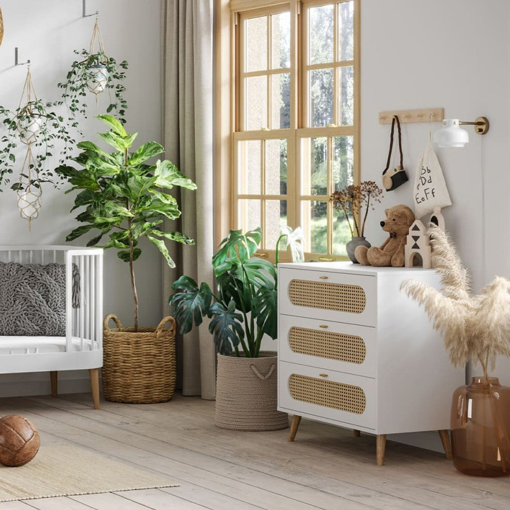 Commode 3 Tiroirs Façade Avec Cannage En Rotin L85cm - Canne - Blanc