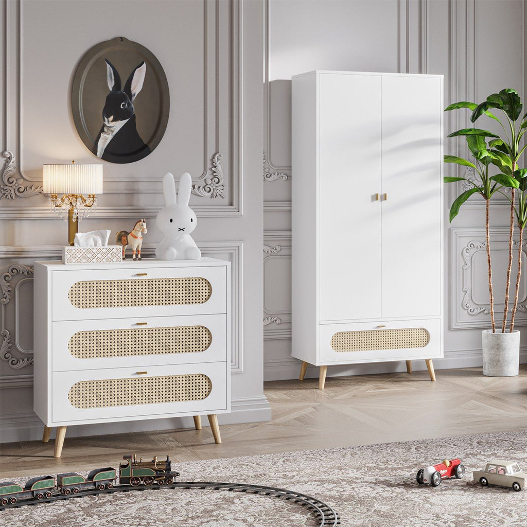 Commode 3 Tiroirs Façade Avec Cannage En Rotin L85cm - Canne - Blanc