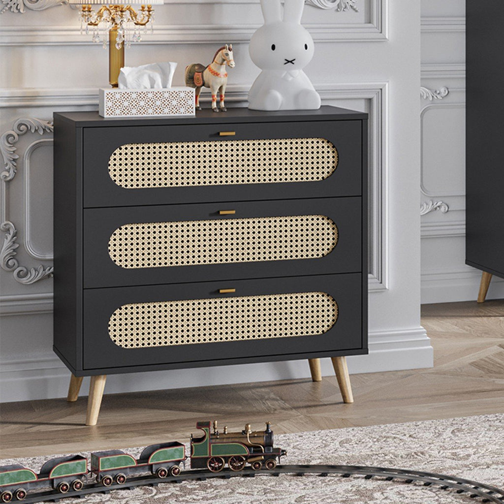 Commode 3 Tiroirs Façade Avec Cannage En Rotin L85cm - Canne - Noir