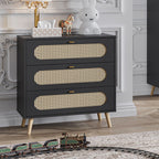 Commode 3 Tiroirs Façade Avec Cannage En Rotin L85cm - Canne - Noir