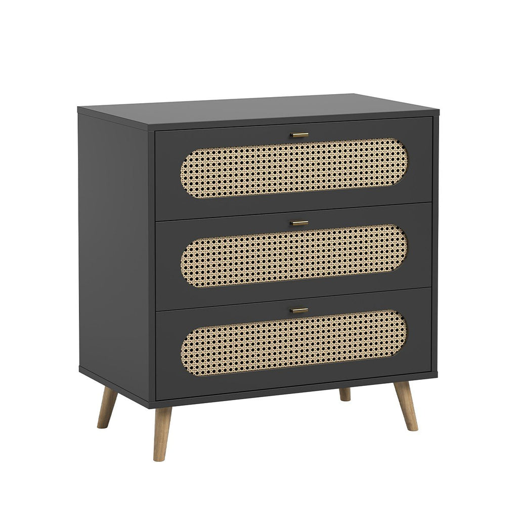 Commode 3 Tiroirs Façade Avec Cannage En Rotin L85cm - Canne - Noir