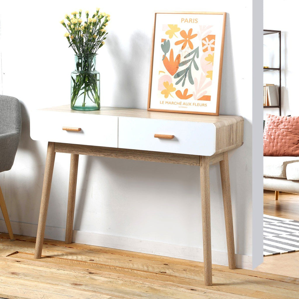 Console 2 Tiroirs Scandinave Bois Et Blanc - L100xH75cm - Décor Bois