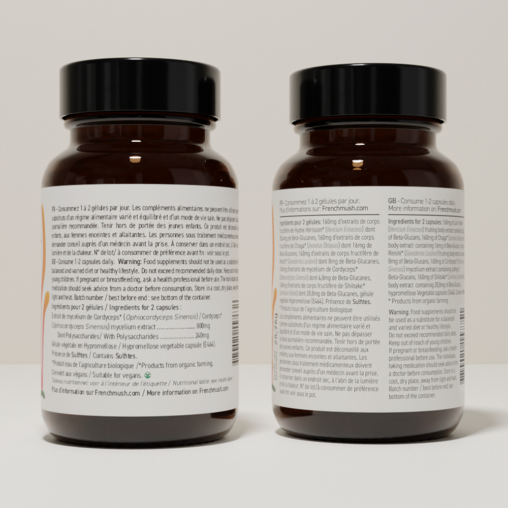 French Mush compléments alimentaires à base d'extraits de champignons médicinaux biologiques fabriqués en France Complexe Champignons 5 - Cordyceps Bio - gélules -