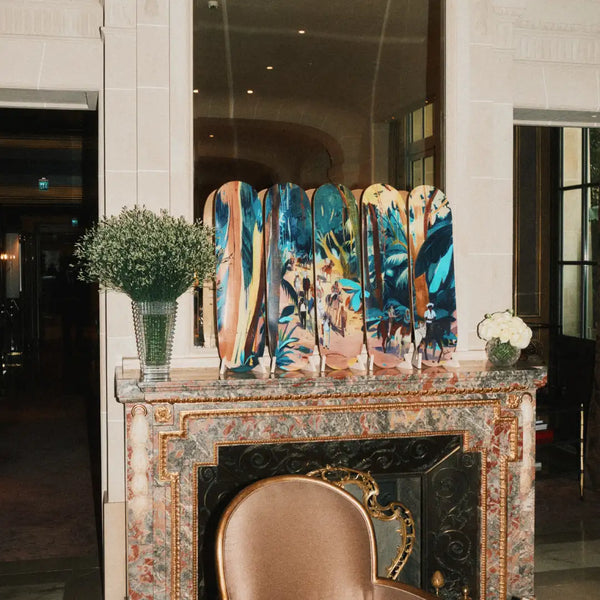 Art edition on skateboards by Jules de Balincourt and THE SKATEROOM exhibited at Hôtel de Crillon