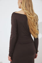 Robe Courte Drapée À Manches Longues Marron