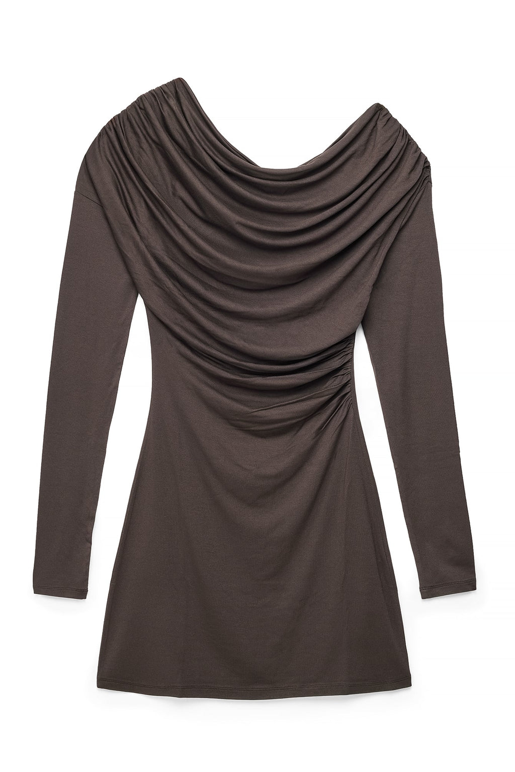 Robe Courte Drapée À Manches Longues Marron