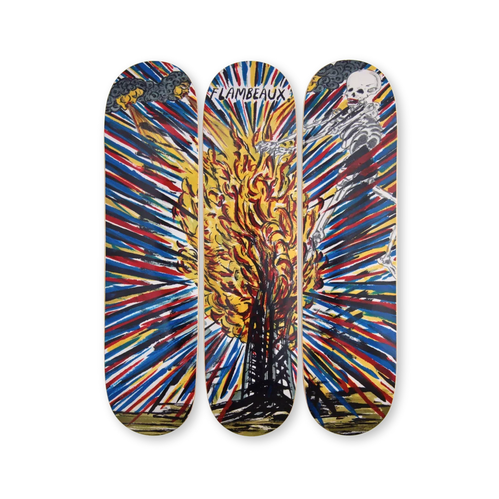 Limited-edition triptych skateboard deck featuring 'Flambeaux' by Raymond Pettibon and Marcel Dzama. The artwork explodes with vivid energy, depicting a towering blaze at the center, surrounded by bold, radiating streaks of red, blue, and yellow. A skeletal figure dances in the flames, while dark clouds and lightning loom above. Part of THE SKATEROOM’s exclusive collaboration with the artists.
