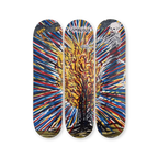 Limited-edition triptych skateboard deck featuring 'Flambeaux' by Raymond Pettibon and Marcel Dzama. The artwork explodes with vivid energy, depicting a towering blaze at the center, surrounded by bold, radiating streaks of red, blue, and yellow. A skeletal figure dances in the flames, while dark clouds and lightning loom above. Part of THE SKATEROOM’s exclusive collaboration with the artists.