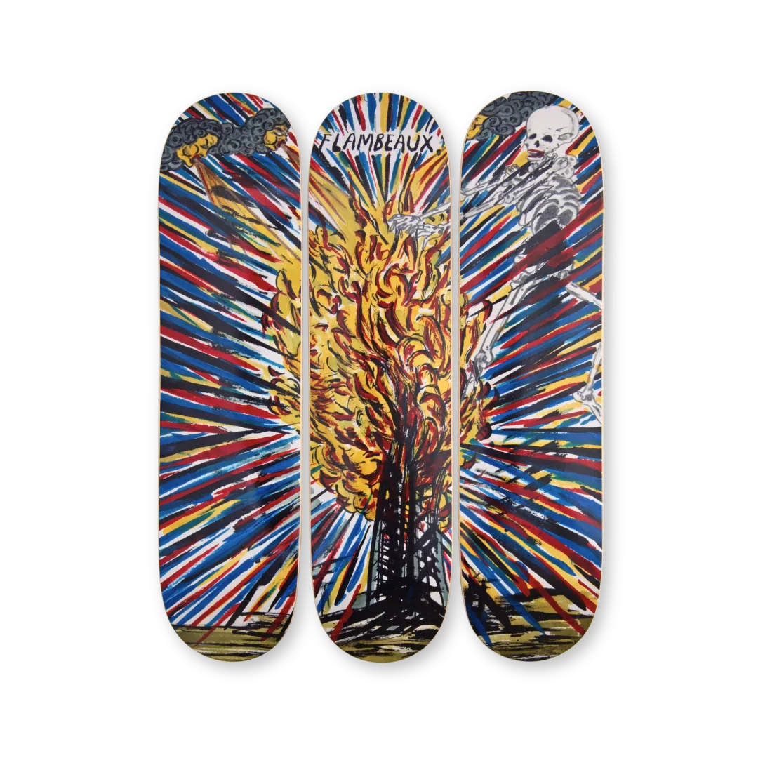 Limited-edition triptych skateboard deck featuring 'Flambeaux' by Raymond Pettibon and Marcel Dzama. The artwork explodes with vivid energy, depicting a towering blaze at the center, surrounded by bold, radiating streaks of red, blue, and yellow. A skeletal figure dances in the flames, while dark clouds and lightning loom above. Part of THE SKATEROOM’s exclusive collaboration with the artists.