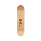 Back of a limited-edition skateboard deck from THE SKATEROOM, featuring the collaborative work of Marcel Dzama and Raymond Pettibon. The natural wood grain is visible, with the artists' names printed in a gothic-style black font. Below, THE SKATEROOM’s logo and edition details are subtly engraved, marking this as a collectible art piece.