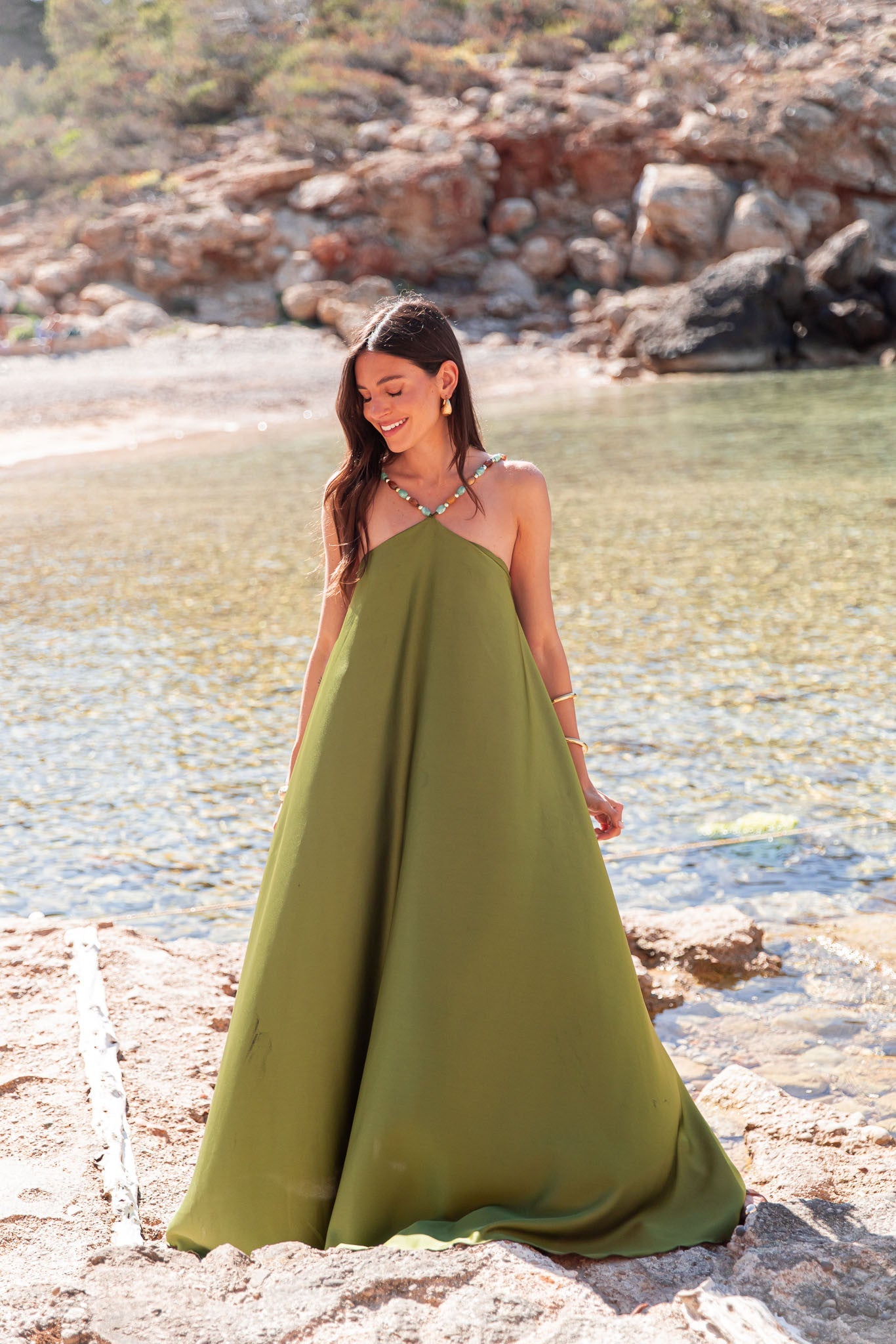 ÉLÉA Vert Olive - Robe Perles Satinée