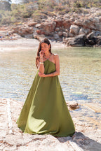 ÉLÉA Vert Olive - Robe Perles Satinée